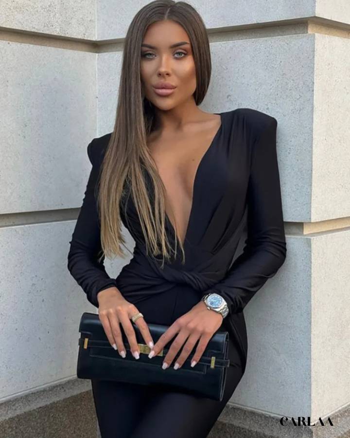 Combinaison Femme Moulante Combinaison Sport Femme - Col V Avec Fermeture éclair (manches Longues) Oeak Jumpsuit Lang